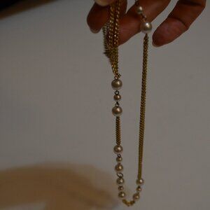 Necklace Two Lanes Golden Tone Chain Faux White Pearl Beads linked Length-11.5'